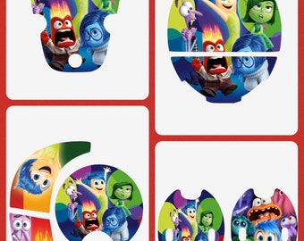 May include: A collage of four images featuring characters from the animated movie "Inside Out." The images showcase Joy, Sadness, Anger, Fear, and Disgust in various poses against colorful backgrounds. The images are on a white background with a red border.