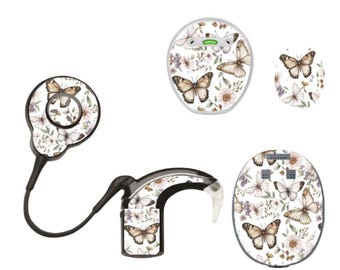 May include: A collection of hearing aid accessories featuring a butterfly and floral design. The set includes a hearing aid, a receiver, and several battery covers. The accessories are decorated with butterflies, flowers, and leaves in shades of brown, white, and purple.