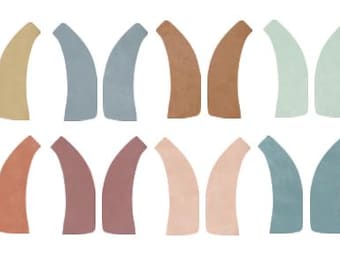 May include: A collection of twenty-two abstract, curved shapes in various pastel colors, including pink, yellow, blue, and brown. The shapes are arranged in two rows on a white background, creating a pattern.