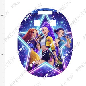 May include: Oval luggage tag with an illustration of three animated women singing into microphones. The design features a starry background and a neon star. The women are dressed in colourful outfits, with a purple, yellow and blue theme.