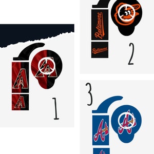 May include: Three bottle stoppers featuring sports team logos. The first has a red and black design with the letter "A". The second has a black and orange design with the word "Baltimore". The third has a blue and red design with the letter "A".