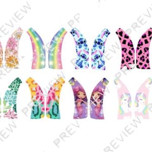 Pode incluir: Uma coleção de protetores de orelha coloridos e estampados, com designs como tie-dye, estampas de animais, padrões florais e personagens de desenhos animados. Os protetores são projetados para caber nas orelhas.