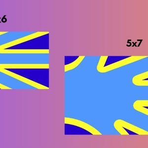 Puede incluir: Dos imágenes rectangulares con un diseño azul, amarillo y azul marino. La imagen superior está etiquetada como "4x6" y la imagen inferior como "5x7". El fondo es un degradado de púrpura a naranja.