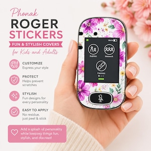 May include: A white Phonak Roger sticker with a floral design of pink and purple flowers. The sticker is on a black device with a screen displaying icons. Text on the sticker reads "Phonak ROGER STICKERS" and "FUN & STYLISH COVERS for Kids and Adults."