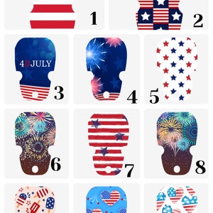 Puede incluir: Una colección de once artículos decorativos, cada uno con un diseño único con temas patrióticos. Los diseños incluyen la bandera estadounidense, fuegos artificiales, estrellas y corazones en rojo, blanco y azul. Algunos artículos tienen el texto "4th of July".