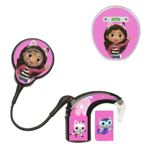 May include: A hearing aid with a pink and black design featuring a cartoon character and floral accents. The hearing aid has a black cord and a small pink component with a cartoon cat. The set includes a separate pink component.