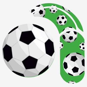 May include: A graphic illustration of a football with black and white panels. The design includes a green curved shape with several footballs, creating a dynamic sports-themed composition.