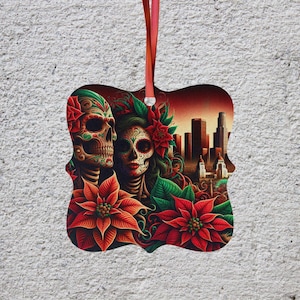 Christmas in Los Angeles, Day of the Dead Aluminum Ornaments, Floral Sugar Skull Decorations for Holidays, Christmas, and Home Decor