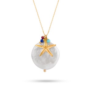 18K Solid Gold Starfish Necklace with Freshwater Pearl – Dainty Ocean-Inspired Jewelry, Gift for Her