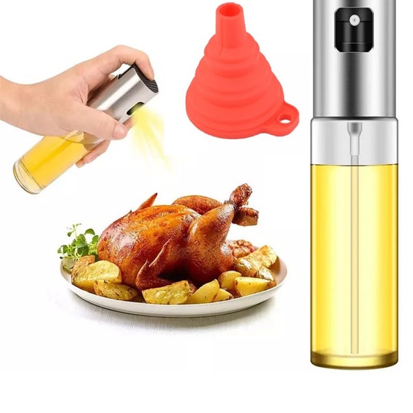 Olive Oil Spray Bottle Mister Refillable  for Air Fryer, Kitchen, Baking, BBQ, Clear, Free Silicone Collapsible Funnel