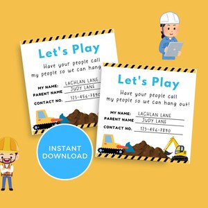 Editable Playdate Cards, Lets Play 3 X 3 Cards, Construction Site Playdate Cards, Instant Download Playdate Cards, Canva Template