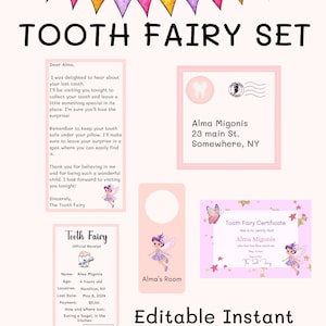 Lot rose imprimable FÉE DES DENTS avec lettre, reçu, enveloppe, affichette de porte, certificat et 3 pages à colorier, modifiable, téléchargement immédiat