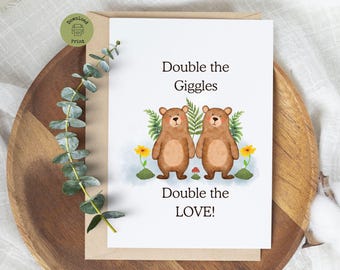 Tweeling babyshowerkaart, digitale download, afdrukbare kaart beren, gefeliciteerd met je zwangerschap, dubbel zoveel plezier