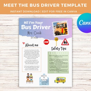 Plantilla editable "Conoce al conductor del autobús", carta de regreso a clases, carta del primer día de clases, plantilla para conductor de autobús, carta divertida para estudiantes