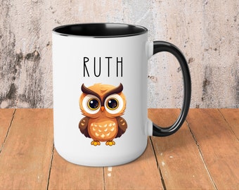 Custom Owl Mug, Two-Tone Coffee Mugs, White Coffee Mug, 11 or 15oz Mug, Personalized Mug, Owl Lover Mug, Owl Lover Gift