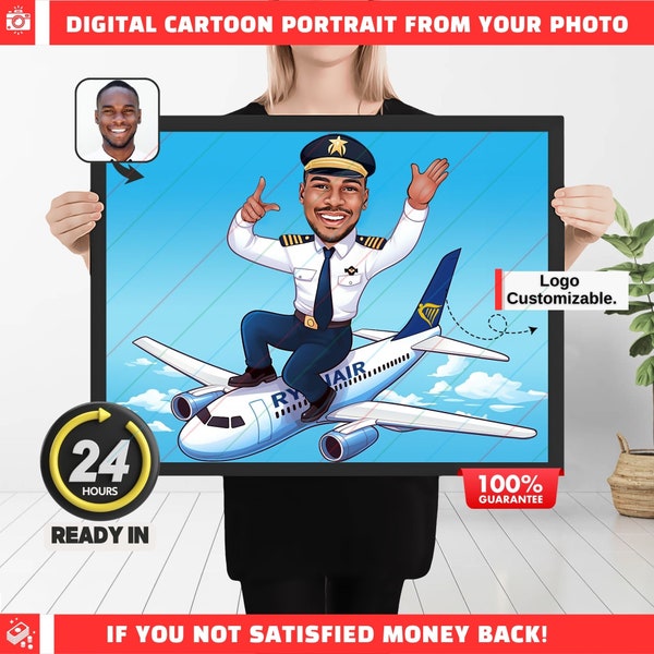 Pilot Caricature Portraits from Photos, Pilot Caricature, Pilot Portrait, Caricature from Photo, Digital Portrait,Pilot Gifts,Aviation Gifts