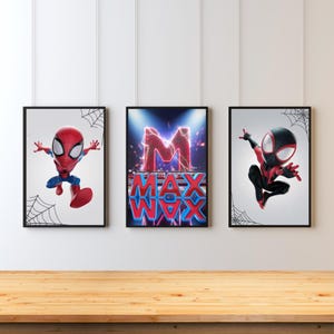 パーソナライズされた 3D ウォール アート セット、楽しい子供部屋の装飾、プレイルーム プリント、スパイダーマンと仲間のウォール アート、パーソナライズされた名前、ヒーローの装飾