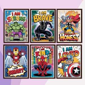 Set of 6 Superhero Wall Art with Affirmations, Nursery Prints, Boys Room Decor, Classroom Decoration, Kids Room, Playroom Decor,Marvel Decor