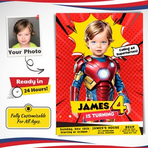Invito di compleanno personalizzato di Iron Man, biglietto di compleanno per supereroi, festa per supereroi, invito per feste per bambini, biglietto di compleanno digitale