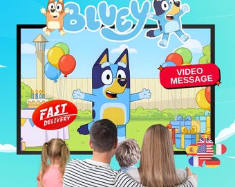 May include: A digital screen displays a Bluey-themed birthday scene with animated characters, balloons, and gifts. Text overlays include FULLY PERSONALIZED, BLUEY, FAST DELIVERY, and VIDEO MESSAGE. A group of people sit on a sofa watching the screen.