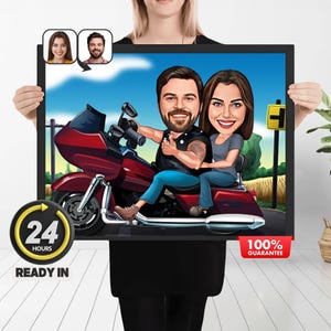 Gepersonaliseerde cartoon motorkoppel, uniek Valentijnsdagcadeau voor motorrijders, aangepast portret motorrijder, motorcadeau