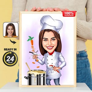 Retrato personalizado de desenho animado de chef: desenho de presente divertido a partir de foto, ideia de presente de chef, chef feminina, melhor presente de chef, presente de chef, presente de cozinheiro, presente divertido de chef