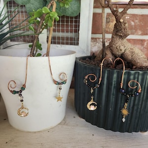 May include: Copper wire plant stakes with decorative celestial charms. One stake features a gold crescent moon with a pink center, and a gold star. The other stake has a sun charm. The stakes are in white and dark green pots.