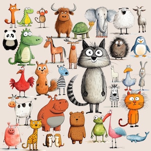 32 PNG Über Tiere Minimalistische Cartoon Sublimationsgrafik Digitaler Download Bunte Tiere png Designs