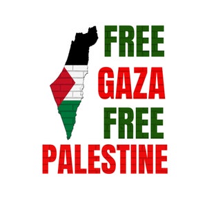May include: A graphic design with the text "FREE GAZA FREE PALESTINE" in red and green letters. The letters are made to look like bricks. A silhouette of the Palestinian territories is shown in the background with the Palestinian flag colors.