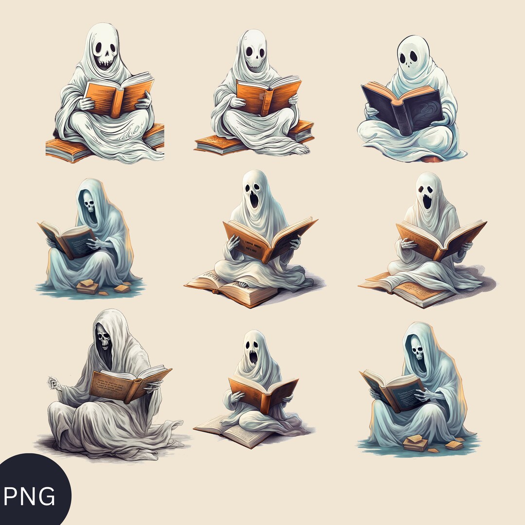 9+ PNG Halloween Bundle Season Halloween Ghost Reading Book Clipart ...