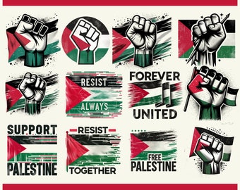 May include: Twelve digital designs featuring a stylized fist with the Palestinian flag colors and various slogans, including "Support Palestine", "Resist Always", "Forever United", and "Free Palestine".
