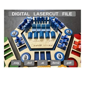 May include: A wooden board game with blue and beige components. The game board is hexagonal with blue houses and other game pieces. The text "DIGITAL LASERCUT FILE" is at the top. File types .svg, .dxf, .ai, .lbrn2, and .pdf are listed.