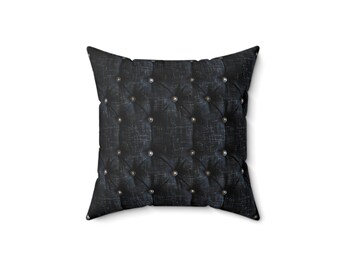 3D Tufted Black Denim Faux Suede Square Pillow