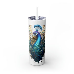 Regal Peacock 3D Watercolor design Skinny Tumbler with Straw, 20oz