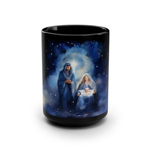 Joseph Mary and Jesus Nativity Black Mug, 15oz
