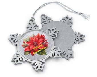 3D Watercolor Poinsettia Pewter Snowflake Ornament