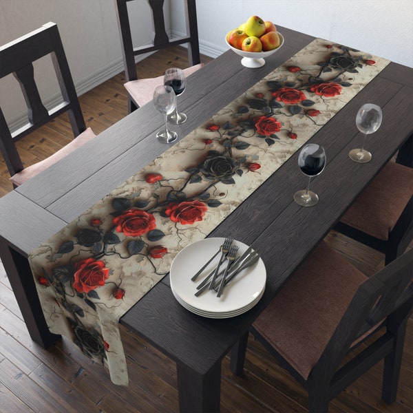 Chemin de table vintage 3D roses et coeurs rouges noirs et rouges (coton, poly)