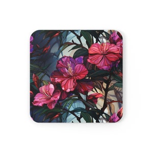 3D Watercolor Floral Vine Corkwood Coaster Set