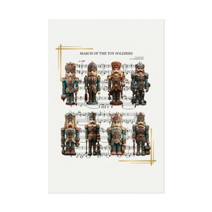 Peut inclure: Une partition de musique vintage représentant une fanfare de soldats de jouets. La partition est intitulée "Marche des soldats de jouets" et est composée par P.I. Tchaïkovski. Les soldats sont vêtus d'uniformes bleus et rouges avec des accents dorés.