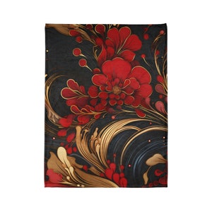 Red Roses on a Black and Gold Soft Polyester Blanket