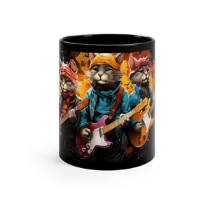 Taza negra con dibujos animados de acuarela de gatos tocando el bajo, 11 oz
