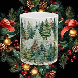 Snowy Forest Watercolor Ceramic Mug, 11oz or 15oz - Winter Coffee Cup, Nature Lover Gift, Christmas Mug, Holiday Drinkware, Tree Art Mug