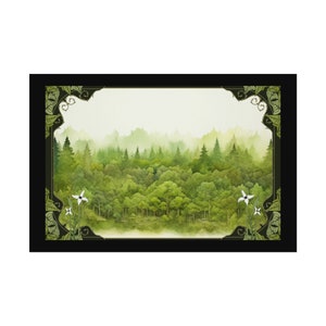 May include: A watercolor painting of a lush green forest with a misty background. The forest is framed by a decorative border with green vines and flowers.