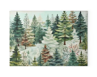 Evergreen Forest Glass Cutting Board, Nature Theme Kitchen Decor, Watercolor Abstract Design, Tree Lover Gift, Housewarming Present,