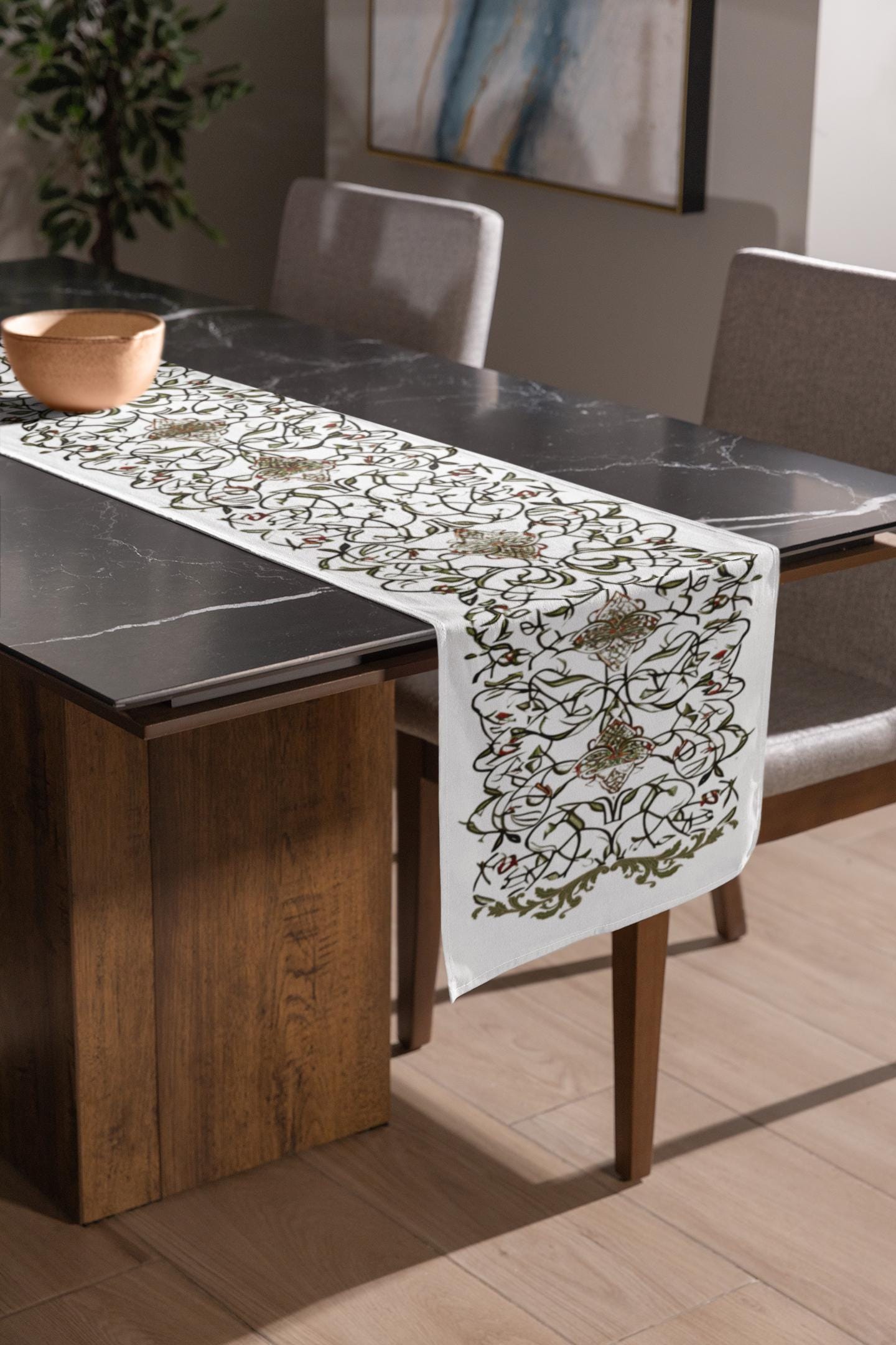 Faux Medieval Design on Natural Linen Table Runner (linen Blend