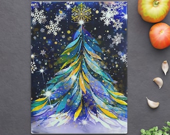 Winter Wonderland Cutting Board, Snow Scene Kitchen Decor, Glass Cheese Board, Holiday Serving Tray, Abstract Snowscape Chopping Block,