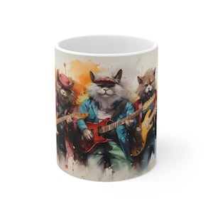 Taza de cerámica con dibujo de gatos tocando el bajo, acuarela, 11 oz