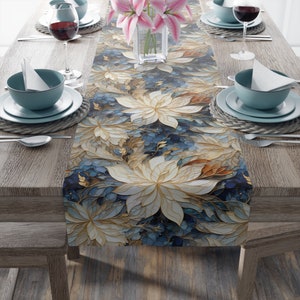 Blue, White and Gold Faux Stained Glass Holiday Table Runner (Cotton, Poly)