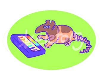 May include: A cartoon illustration of a brown and tan rat with a purple tail and a blue and rainbow keyboard. The rat is looking at the keyboard with a surprised expression. The background is a light green oval.