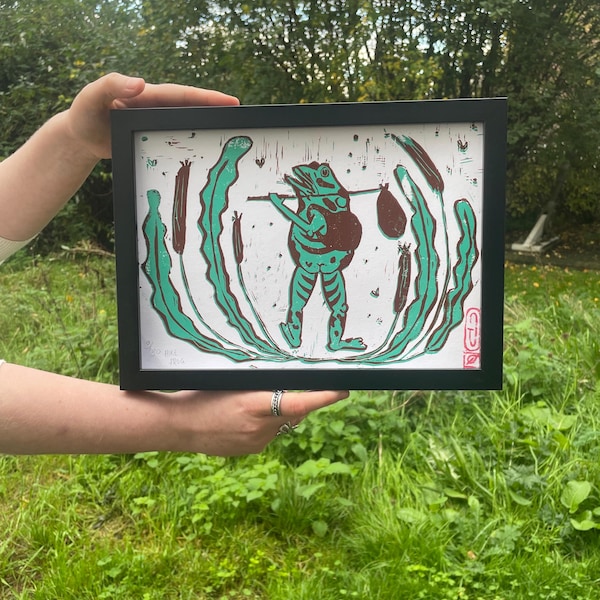 Hike Frog - Lino cut Print